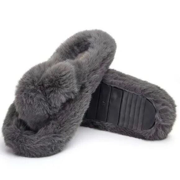 Women Cross Band Slippers Soft Plush Furry Cozy Open Toe Shoes Slip On, 11-12 - Picture 6 of 8